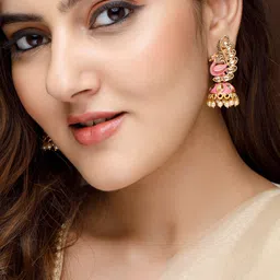Rubans 22k Gold-Plated & Pink Peacock Shaped Jhumkas-17
