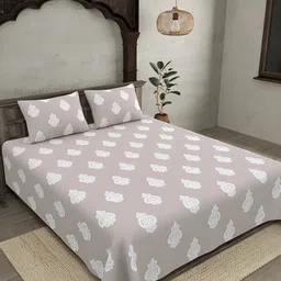 BED-SHEET.COM Grey Ethnic Motifs Printed Cotton 300 TC King Bedsheet with 2 Pillow Covers image 4