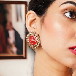 Anouk Gold-Plated Red Circular Shaped Stud Earrings image 3