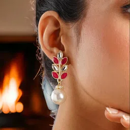 Anouk Gold-Plated & Red Stone Studded & Beaded Dome Shaped Drop Earrings image 5