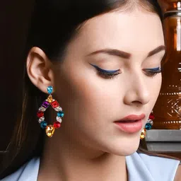 ODETTE Gold-Plated Rhinestone Studded Contemporary Drop Earrings-9