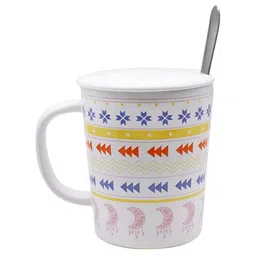 Kookee White & Red Geometric Printed Ceramic Glossy Mug With Lid And Handle & Spoon 300 ml image 3