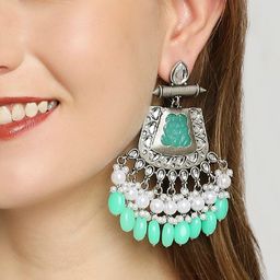 OOMPH Silver Plated Geometric Kundan Studded & Beaded Drop Earrings-0