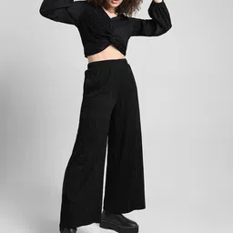 ONLY Women Flared Pleated Self Design High-Rise Pure Cotton Culottes Trousers-image-91
