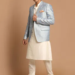 VASTRAMAY Men Cream-Coloured Angrakha Kurta and Churidar with Jacket image 5