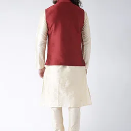 DEYANN Men Red Dupion Silk Kurta with Pyjamas & Nehru Jacket image 5