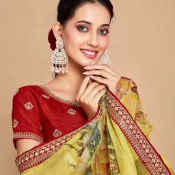 Sangria Floral Printed Embroidered Organza Saree-picture-13