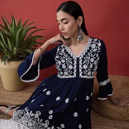 Anouk Navy Blue Ethnic Motifs Embroidered Pleated Anarkali Kurta-picture-14