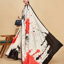 Sangria Off-White & Red Abstract Printed Satin Saree image 3
