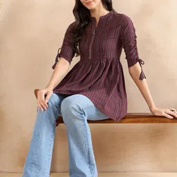 Anouk Striped Mandarin Collar Pure Cotton Anarkali Kurti-48