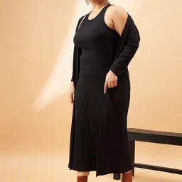 SASSAFRAS Curve Plus Size Black Ribbed Sleeveless Sheath Midi Dress With Shrug-46