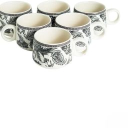 Pack of 6 Ceramic Tea Cup Set | 6 Printed Coffee Mugs for Home & Kitchen | Black Floral Design-21
