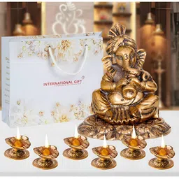 INTERNATIONAL GIFT Brown Brass Ganesha Statue & 6 Pieces Diyas Home Gift Set-image-34