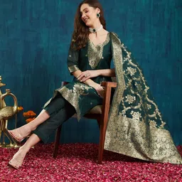 RAJGRANTH Women Regular Thread Work Chanderi Silk Kurti with Trousers & With Dupatta image 3