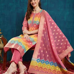 RAJGRANTH Women Regular Thread Work Chanderi Silk Kurti with Trousers & With Dupatta image 4