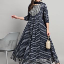 Gujari Ethnic Motifs Printed Sequinned Cotton Maxi Ethnic Dress With Dupatta-image-102