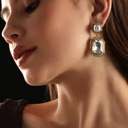Rubans Gold-Plated Crystal-Studded Geometric Drop Earrings-33