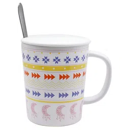 Kookee White & Red Geometric Printed Ceramic Glossy Mug With Lid And Handle & Spoon 300 ml image 5