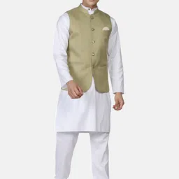 TAHVO Men White Kurta With Pyjamas With Nehru Jacket image 5