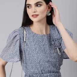 SHOWOFF Floral Printed Puff Sleeves Accordion Pleated Georgette Fit & Flare Dress-image-57