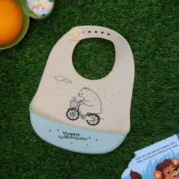 Silicone Bear Print Bib with Crumb Catcher for Boys, Beige-image-92