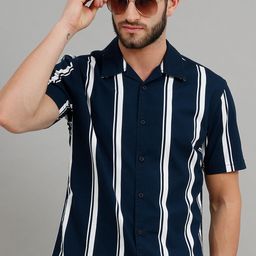 HERE&NOW Men Navy Blue & White Slim Fit Striped Casual Shirt-image-73