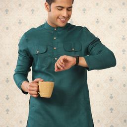 Ode by House of Pataudi Teal Green Pathani Short Kurta-image-95