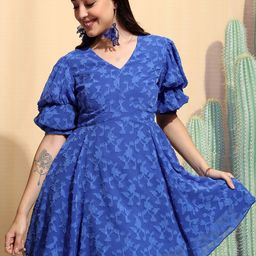 Tokyo Talkies V Neck Floral Puff Sleeve Midi Fit and Flare Dress-image-53