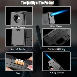 aimount ™ M-910 Integrated Windproof Guns Lighter with Jet Torch 10 pcs Cigarette Box Inbuilt Rechargeable Windproof Torch Blue Jet Flame Lighte Pocket Lighter image 3