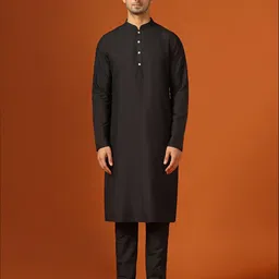 KISAH Men Black Regular Kurta With Trouser & Printed Nehru Jacket image 5