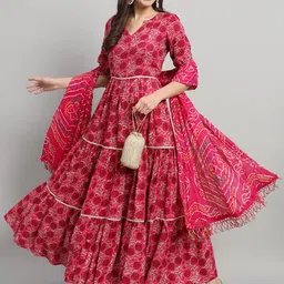 Gujari Floral Printed Gathered Detailed Maxi Ethnic Dress With Dupatta-image-21
