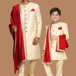 VASTRAMAY Woven Design Mandarin Collar Sherwani Set-image-49