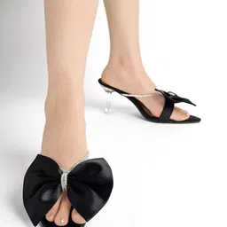 Shoetopia Embellished Pointed Toe Velvet Party Kitten Heels With Bows-3