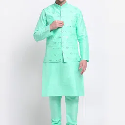 KRAFT INDIA Men Sea Green Kurta & Churidar with Jacket-image-86