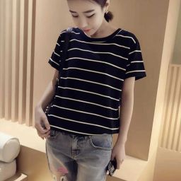 Women Striped Round Neck Cotton Blend Black T-Shirt-image-55