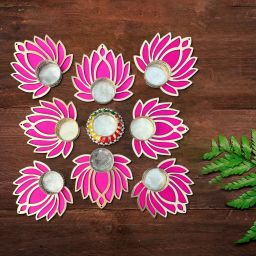 Pink Diya Decorative Rangoli Set Handmade Tealight Holder for Diwali Wooden 9 - Cup Tealight Holder Set-image-60