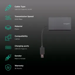 Targus USB Type C to USB 3.0 Type A, RJ45 USB Hub (Supports 4K2K Resolution, Black) image 2