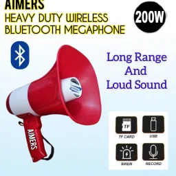 aimers LOng Range Megaphone Recorder, USB & Memory card input. Siren, Music (200 W) Wireless Bluetooth Megaphone/Loudspeaker for Announcement with Rechargeable Indoor, Outdoor PA System image 2