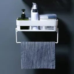 zucur Pack of 2 Plastic Rectangular Multipurpose Wall Shelves with Towel Hanger Shelf Plastic Wall Shelf image 2
