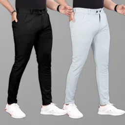gibbonte Pack of 2 Men Slim Fit Black, Grey Lycra Blend Trousers-picture-7