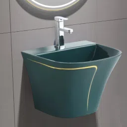 Premium Quality (HB :028 )Designer Ceramic Shining Green Semi Pedistal Wash Basin With Yellow Finishing Line Wall Hung Basin-image-28