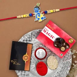 Designer Rakhi Combo Gift Set for Brother |Choco Magic 32Gm|Chocolate|Y22K1_283_CM32+DS Assorted Rakhi, Chawal Roli Pack, Greeting Card, Coins, Thali Set-6