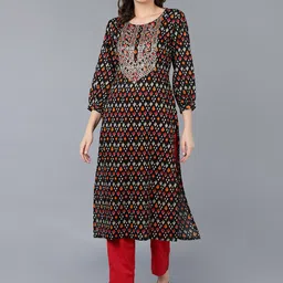 KALINI Ethnic Motifs Printed Round Neck Mirror Work Cotton Straight Kurta-19