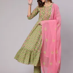 Jaipur Kurti Floral Printed Gotta Patti Pure Cotton Anarkali Kurta With Trousers & Dupatta-11