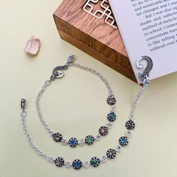 ABDESIGNS Silver-Plated Stone Studded and Beaded Anklet-12