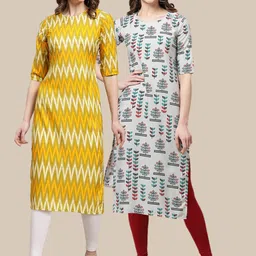 KALINI Women Yellow & Grey Set Of 2 Printed Crepe Kurta-image-56