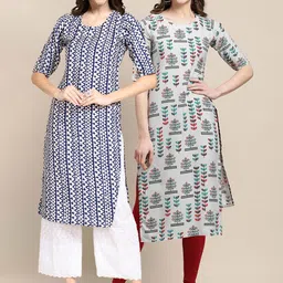 KALINI Women's Crepe Blue & Beige Color Ethnic Motif Printed Straight Kurta (PACK OF 2)-picture-11