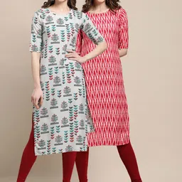 KALINI Women Pack of 2 Grey & Red Ethnic Motifs Printed Crepe Kurta-5