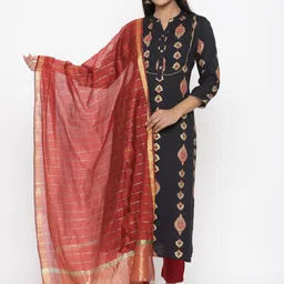 all about you Ethnic Motifs Printed Pleated Straight Kurta with Trouser & Dupatta image 1