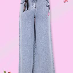CUTECUMBER Girls Blue Low Distress Embroidered Stretchable Jeans-picture-21